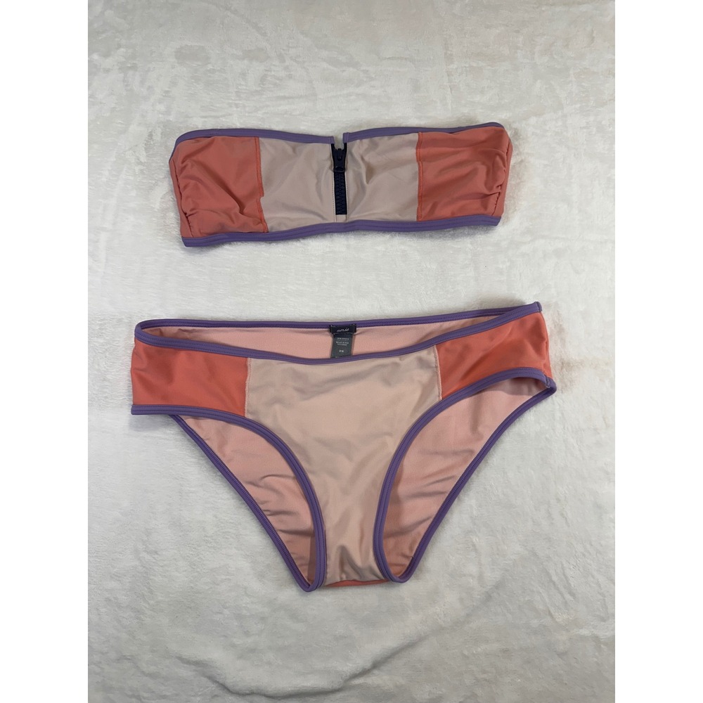 Aerie Bikini Set S/M Coral Pink Purple Zip Bandeau Hipster Swimsuit Womens